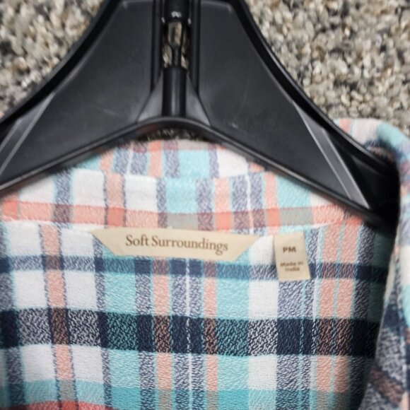 Soft Surroundings Top Womens PM Petite Medium Blue Plaid Button Up Collared - Picture 6 of 7